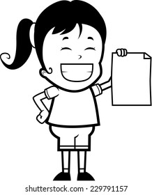 A happy cartoon child proudly holding a piece of paper.