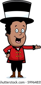 A happy cartoon child ringmaster smiling and presenting.