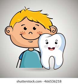 happy  cartoon child smiling with an icon of a smiling tooth over a white background