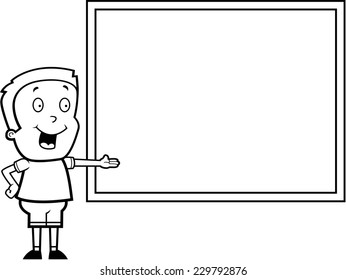 A happy cartoon child student at a chalkboard in school.