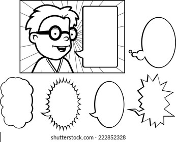 A happy cartoon child talking with word bubbles.