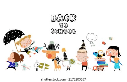 Happy Cartoon Children and Animals back to School