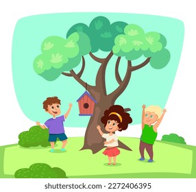 Happy cartoon children and birdhouse hanging tree branch  Cute kids and wooden house for birds vector illustration  Spring  childhood  leisure  outdoor activity  happiness  holidays concept