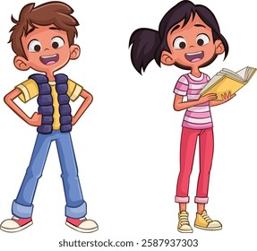 Happy cartoon children. Happy boy and girl smiling.
