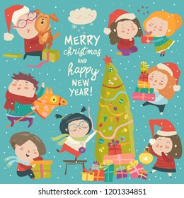 Happy cartoon children with Christmas decor. Merry Christmas