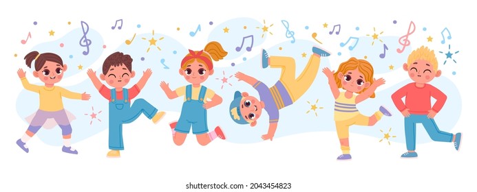 Happy Cartoon Children Group Dancing And Jumping Together. Fun Active Kid Friends Play. Kindergarten Characters At Dance Party Vector Banner. Boys And Girls Having Fun, Listening To Music