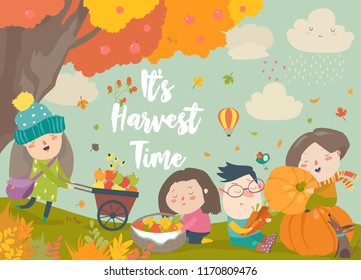 Happy cartoon children harvesting in autumn garden