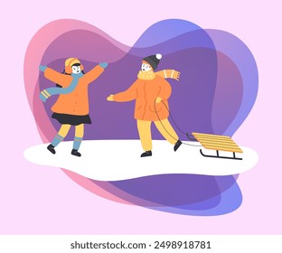 Happy cartoon children having fun in winter. Kids in warm clothes with sleds flat vector illustration. Winter activities or holidays, childhood concept for banner or landing page