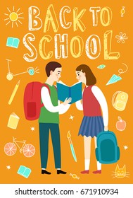 Happy cartoon children holding book. Back to school title. Education poster for your design.