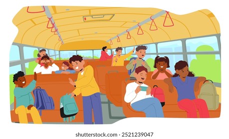 Happy Cartoon Children Inside A School Bus Engaging In Fun Activities While Traveling. Vector Scene Depicts Joyful And Energetic Atmosphere With Kids Chatting, Playing, And Enjoying Each Other Company