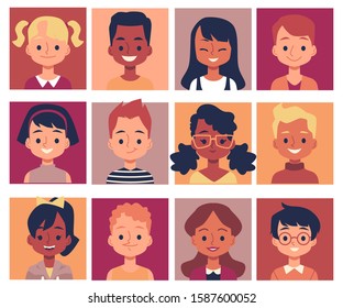 Happy cartoon children isolated portrait set - smiling elementary school age boys and girls in colorful square frames. Flat vector illustration on white background