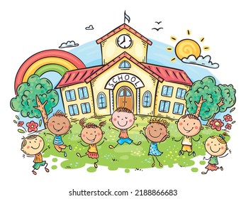 Happy cartoon children playing in front of school building, back to school clipart