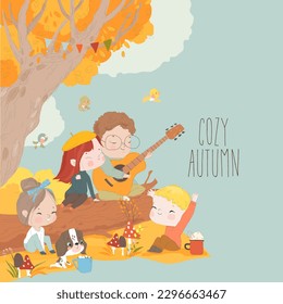 Happy Cartoon Children playing Guitar in Autumn Forest