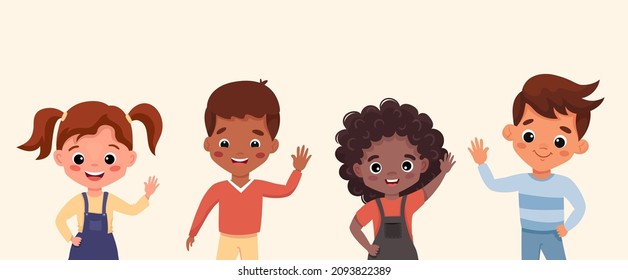 Happy cartoon children portraits set with happy smiling and waving boys and girls. Kids with different ethnicity. Flat vector illustration isolated on white background