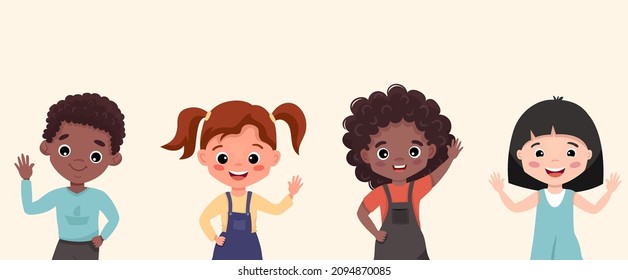 Happy cartoon children portraits set with happy smiling and waving boys and girls. Kids with different ethnicity. Flat vector illustration isolated on white background