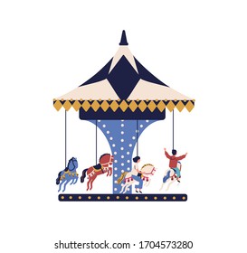 Happy cartoon children ride on carousel horse isolated on white background. Joyful kids spend time at amusement park vector flat illustration. Carefree boy and girl enjoy entertainment have fun