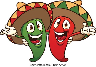 Happy cartoon chili peppers wearing sombreros. Vector illustration with simple gradients. All in a single layer.