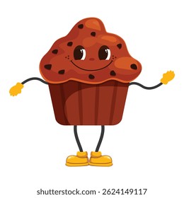 Happy cartoon chocolate chip muffin with big eyes and yellow boots waving hand