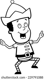 A happy cartoon Christmas elf dancing and smiling.