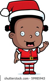 A happy cartoon Christmas elf waving and smiling.