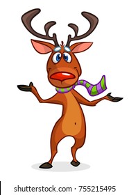 Happy cartoon Christmas Reindeer pointing hand. Vector illustration of Christmas character