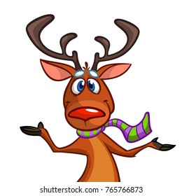 Happy cartoon Christmas Rudolph Reindeer pointing hand  Vector illustration Christmas character