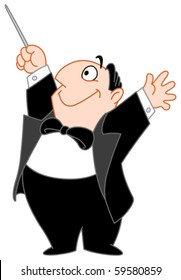 Happy cartoon chubby music conductor composer man holding his arms and baton up.