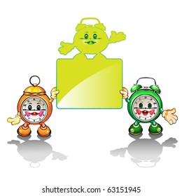 Happy cartoon clocks holding an empty editable banner