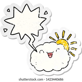 happy cartoon cloud with speech bubble distressed distressed old sticker