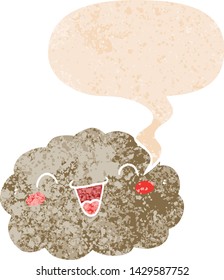 nube de dibujos animados felices con burbuja de habla en un estilo retro angustiado y texturado