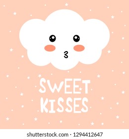 Happy cartoon cloud, stars and dots vector illustration, sweet kisses.