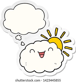 nube de dibujos animados felices con burbuja de pensamiento como pegatina impresa