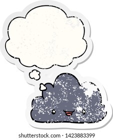 happy cartoon cloud with thought bubble as a distressed worn sticker