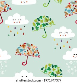 Happy cartoon cloud with umbrella hand drawn. Vector pattern illustration.