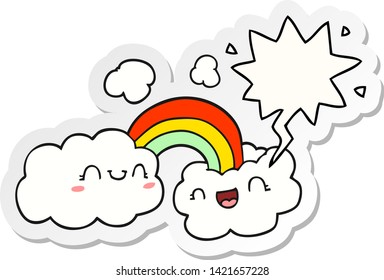 happy cartoon clouds and rainbow with speech bubble sticker