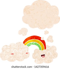 Happy Cartoon Wolken und Regenbogen mit Gedankenblase in brüchiger Retro-strukturierter Form