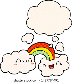 nubes alegres de dibujos animados y arco iris con burbuja de pensamientos al estilo de un libro de historietas