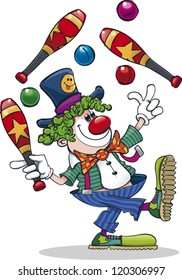 A happy cartoon clown juggling