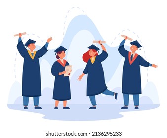 Happy cartoon college or university students holding diplomas. People getting degree, certificate, academic success flat vector illustration. Education, graduation concept for banner, website design