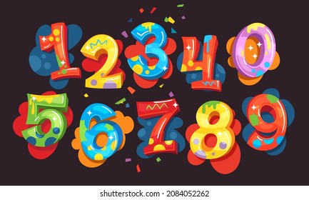 Happy cartoon colorful numbers set. One, two, three, four, five, six, seven, eight, nine, zero vector illustration for kids design 