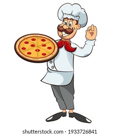 Happy Cartoon Comic Style Italian Chef With Mustache And Pizza. Restaurant Worker Mascot.Vector Clip Art Illustration Without Gradients. All In A Single Layer.