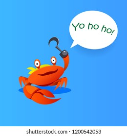 happy Cartoon comics crab pirate on a blue backgrownd. Vector illustration