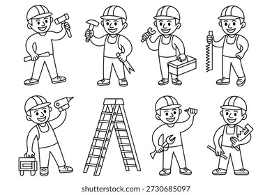 Happy cartoon construction workers with tools illustration