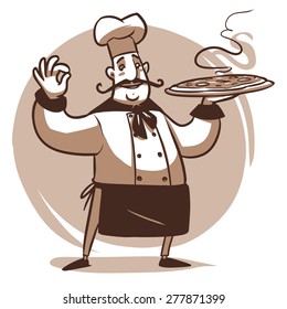 happy cartoon cook with big pizza in the hand