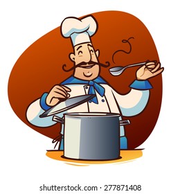 happy cartoon cook with spoon and saucepan