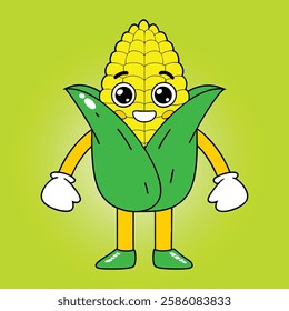 Happy cartoon corn character with big eyes and a cheerful smile waving with green husk arms on a vibrant lime green background