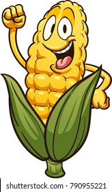 Happy cartoon corn. Vector clip art illustration with simple gradients. Leaves and corn on separate layers.