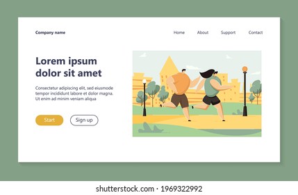 Happy cartoon couple doing jogging together in summer city park. Flat vector illustration. Athlete people running, doing sport, enjoying fitness, living healthy lifestyle. Sport, health, hobby concept
