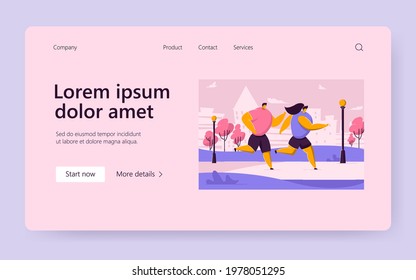Happy cartoon couple doing jogging together in summer city park. Flat vector illustration. Athlete people running, doing sport, enjoying fitness, living healthy lifestyle. Sport, health, hobby concept