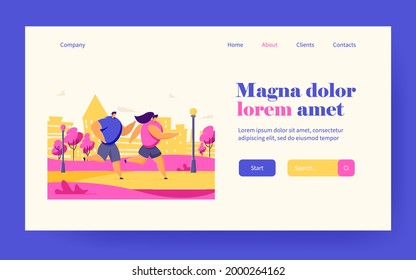 Happy cartoon couple doing jogging together in summer city park. Flat vector illustration. Athlete people running, doing sport, enjoying fitness, living healthy lifestyle. Sport, health, hobby concept